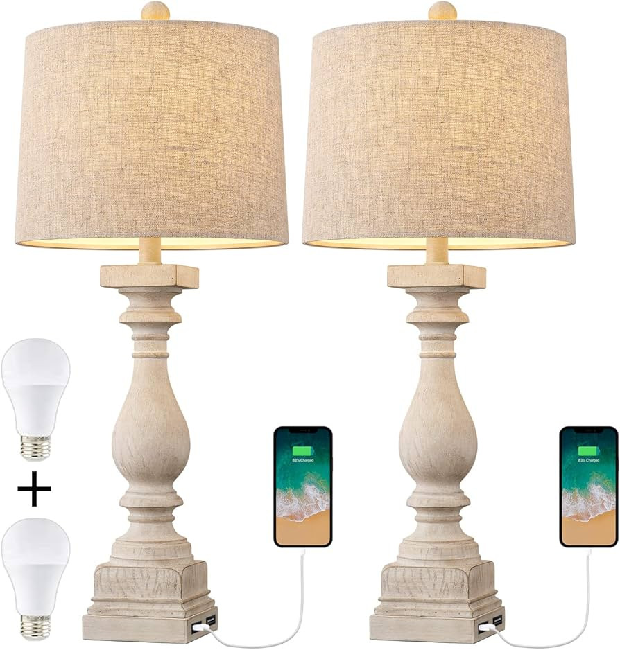 BOBOMOMO 27.75'' USB Table Lamp with 2 Charging Ports Set of 2 Antique Nightstand Lamp for Bedroo... | Amazon (US)
