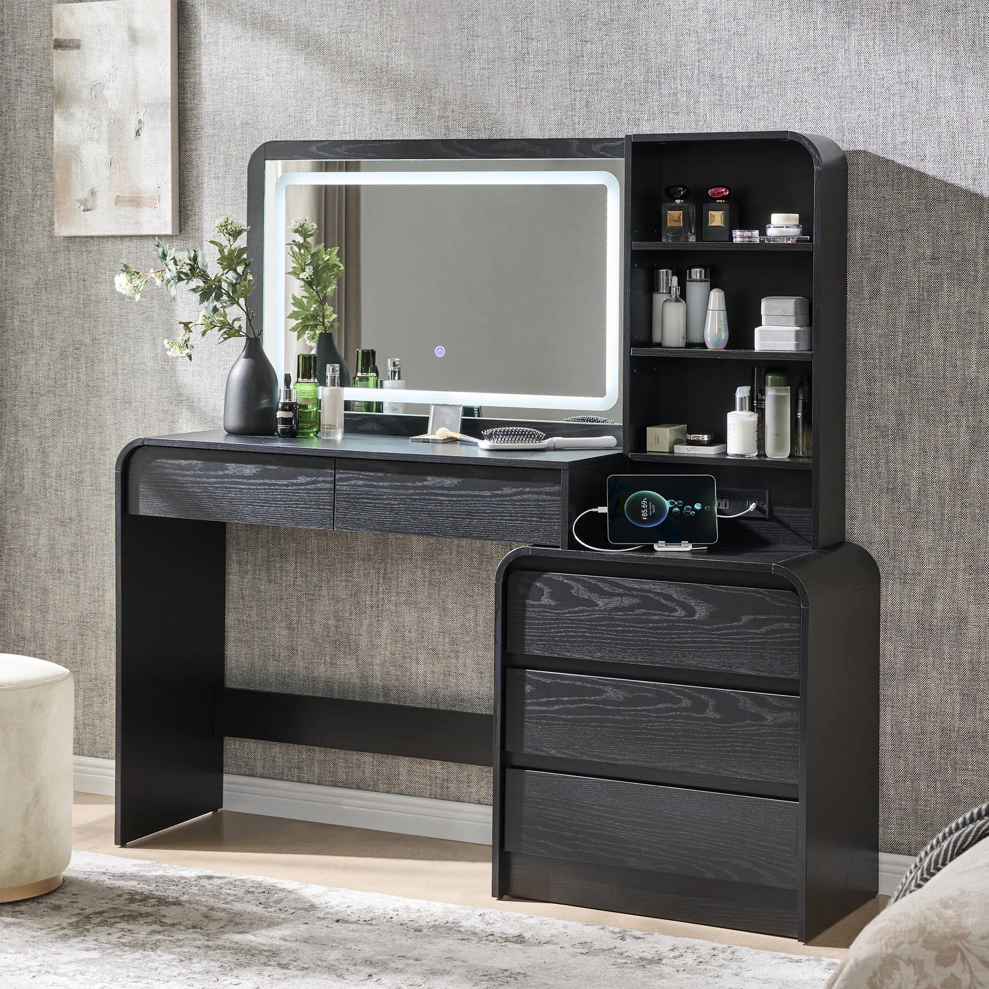 Maud  Modern Makeup Vanity Desk with LED Lighted Mirror & Power Outlet & 5 Drawers, Makeup Table ... | Wayfair North America
