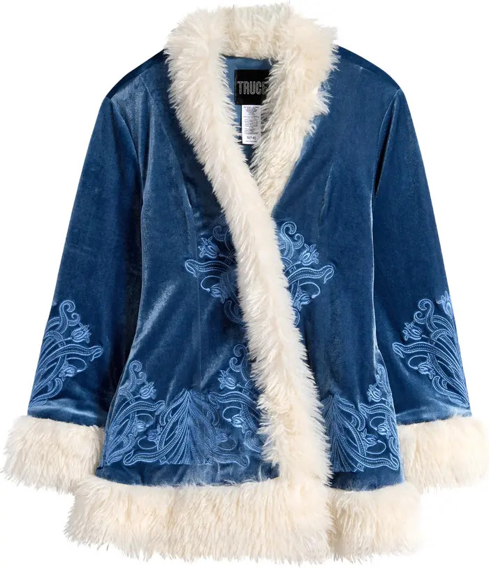 Truce Kids' Faux Fur Trim Embroidered Velvet Jacket | Nordstromrack | Nordstrom Rack