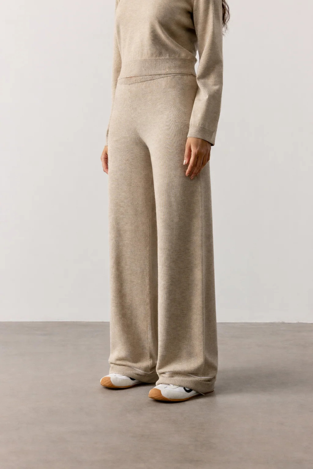KNITTED PANEL TROUSERS - BEIGE | The Couture Club