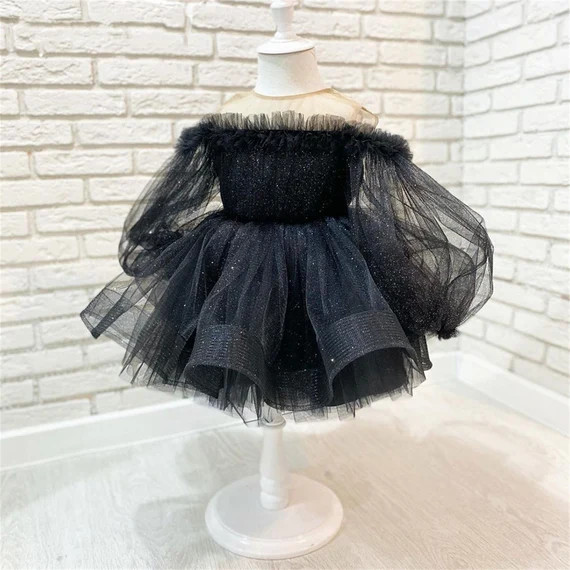 long sleeve one shoulder kid girls tutu dress black kid girls birthday party pageant celebration ... | Etsy (US)