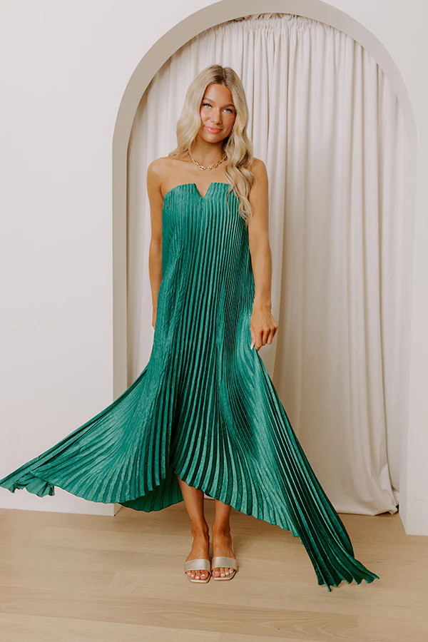 Moonlit Waltz Satin Pleated Maxi Dress in Emerald | Impressions Online Boutique
