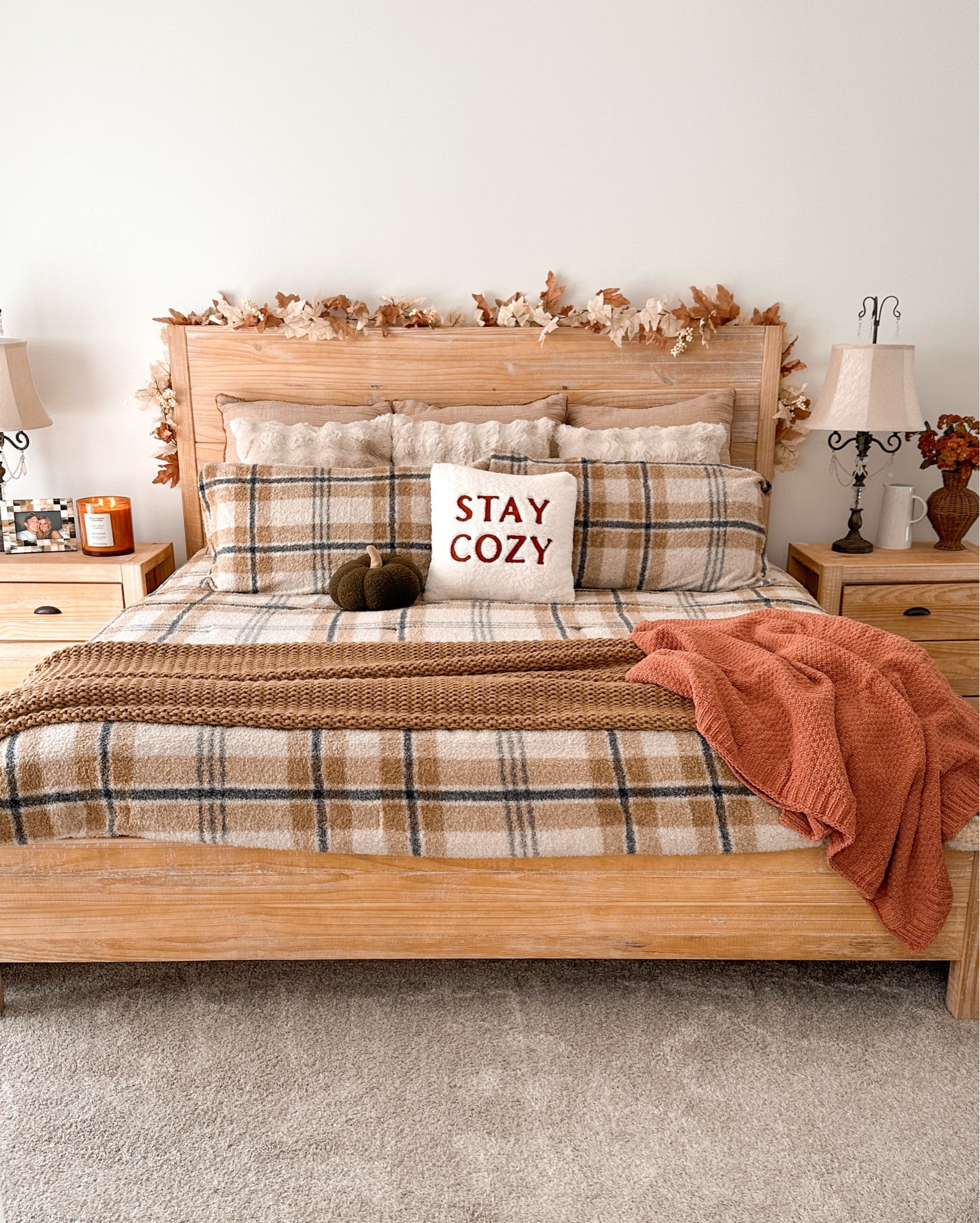 Fall bedroom on a budget! 🍂 plaid comforter, rust chenille blanket, leaf garland, farmhouse bedroom furniture, 80 oz candle, fall florals

#LTKSeasonal #LTKHome