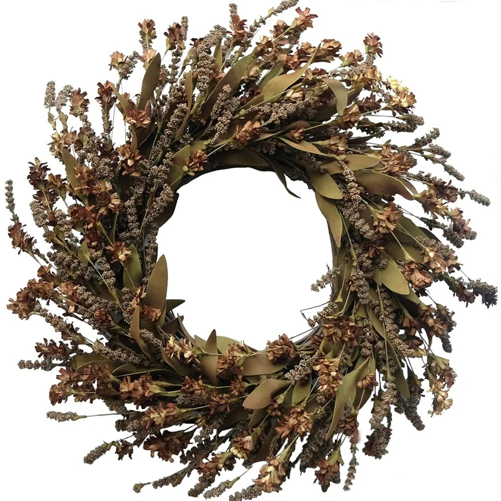 Artificial Fall Flower Wreath with Autumn Leaves and Grain Accents, Rustic Harvest Decor for Fron... | Wayfair North America
