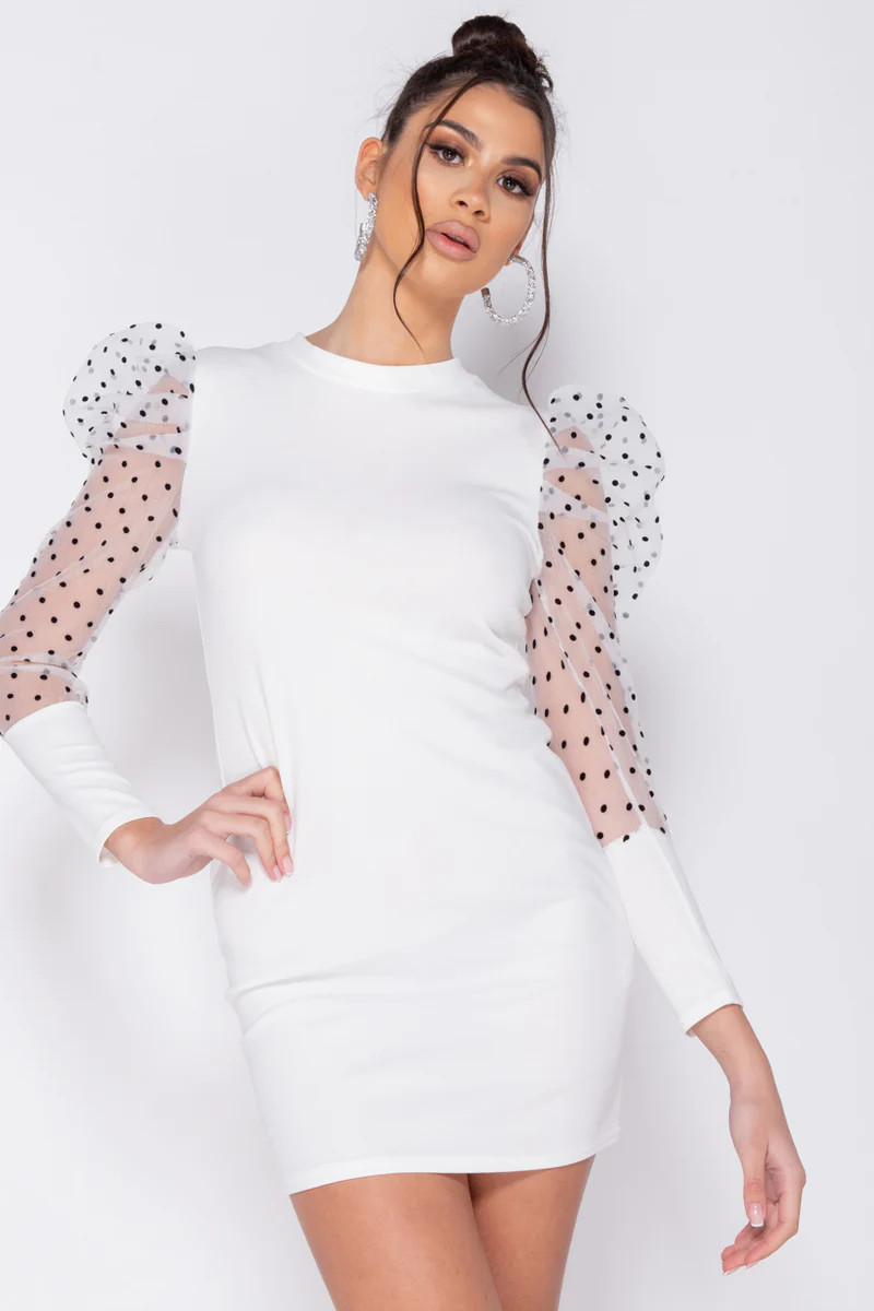 White Polka Dot Sheer Puffed Sleeve Bodycon Mini Dress | Parisian Fashion