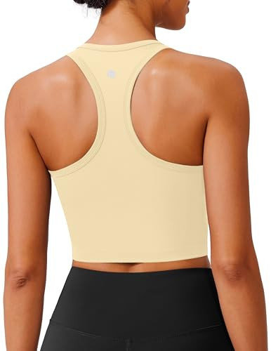 PINSPARK Padded Tank Tops for Women Racerback Sports Bra Cropped Workout Top with Built in Bras Light Support Athletic Tanks, Butter Yellow Medium | Amazon (US)