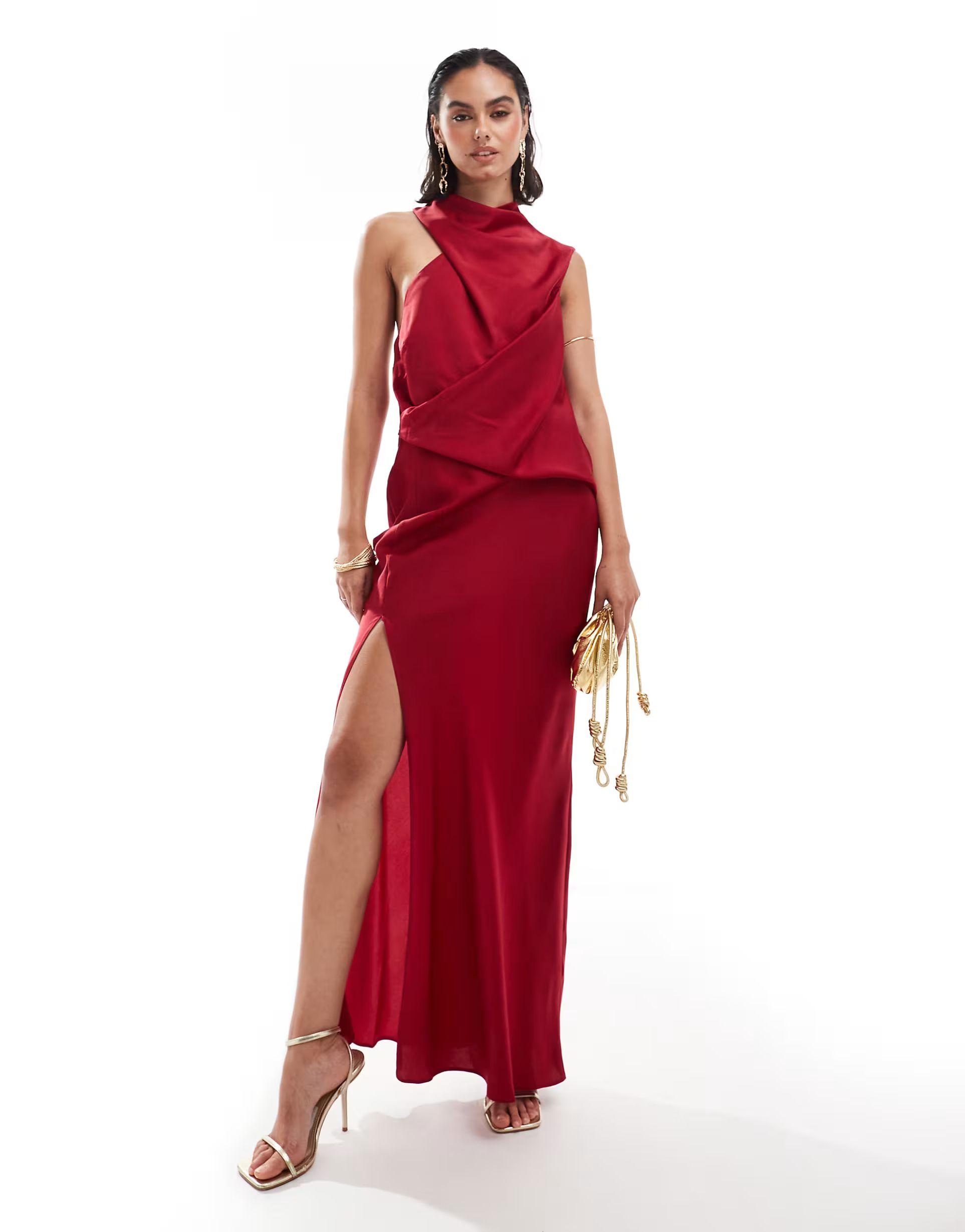 ASOS DESIGN satin asymmetric neck maxi dress with puddle hem in claret red | ASOS (Global)