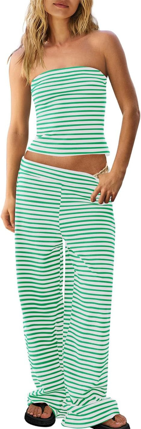 Womens Striped Tube Top Low Waist Wide Leg Pants Set Summer Beach Fashion Trendy Two Piece Y2K Ou... | Amazon (US)