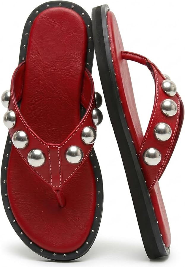 Studded Thong Sandals for Women Round Clip Toe Slip On Flip Flops Slides Comfortable Contrast Tac... | Amazon (US)