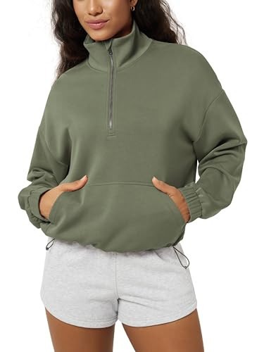 ODODOS Women's Modal Soft Cinchable Sweatshirts Half Zipper Funnel Neck Oversize Pullover with Pockets, Dark Sage, Large | Amazon (US)