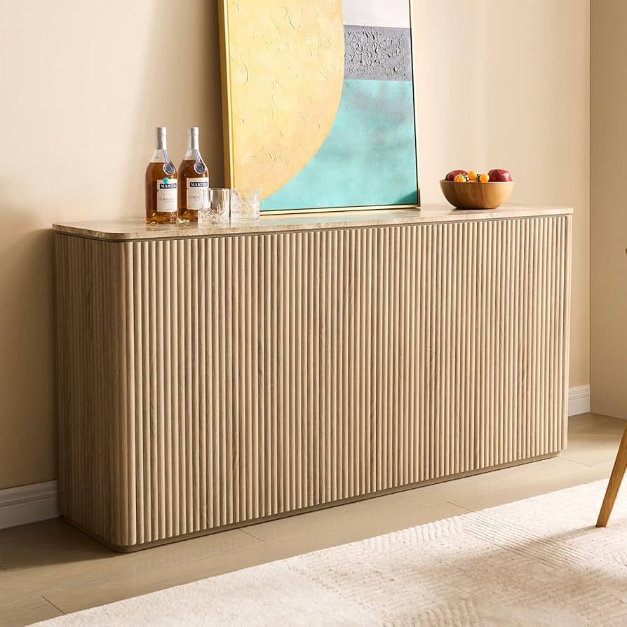 Fluted 4 Doors Sideboard Cabinet with Storage, 64" Wooden Credenza with Shelves, Faux Marble-Top ... | Amazon (US)
