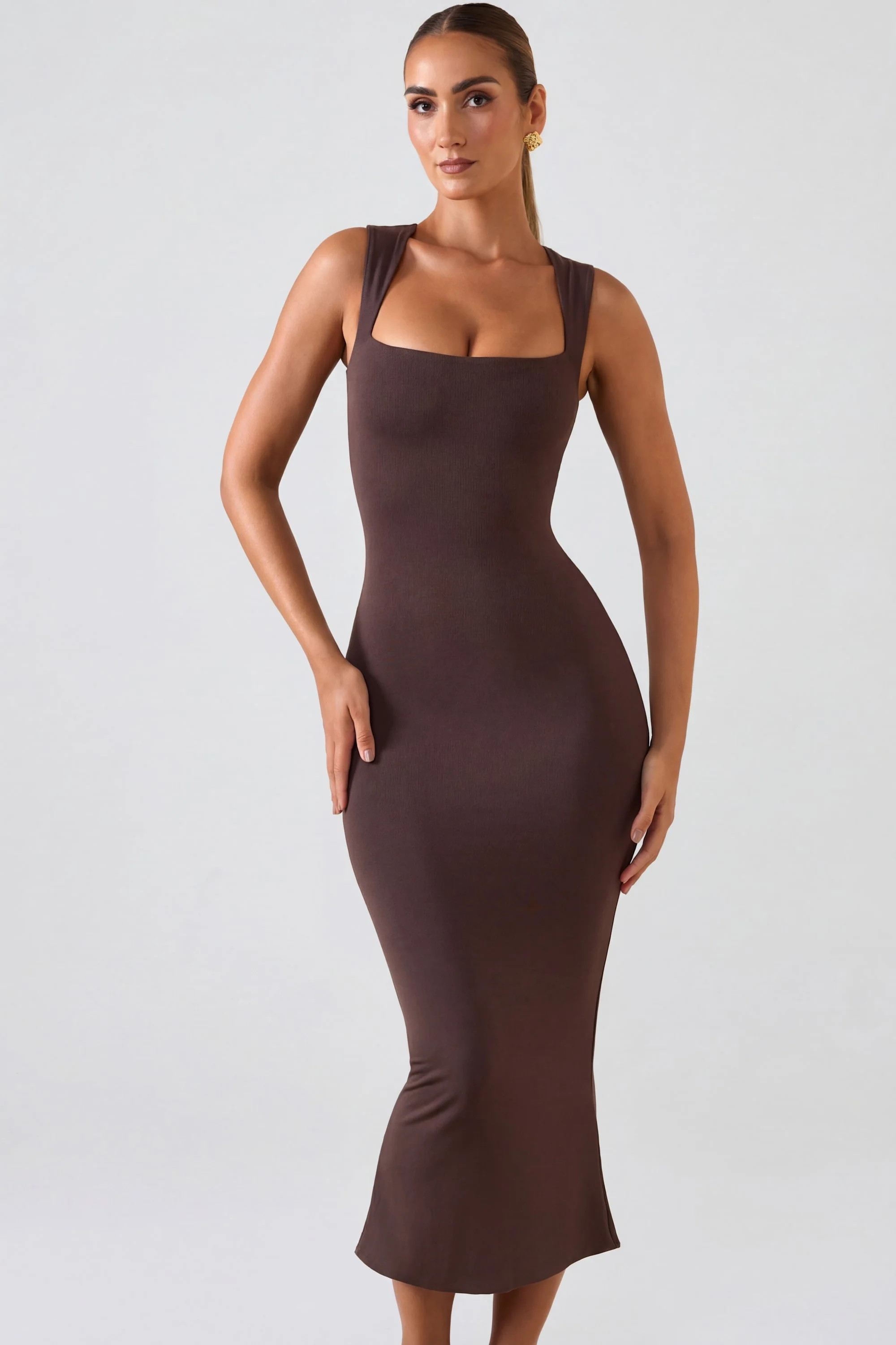 Oh Polly UK Square Neck Midi Dress in Chocolate Brown - Square Neck Midi Dress in Chocolate Brown | Shop.app