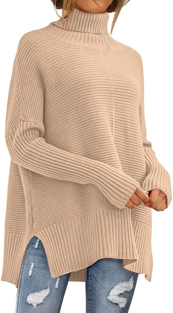 ANRABESS Womens 2023 Fall Sweaters Oversized Turtleneck Long Batwing Sleeve Split Hem Pullover Knit  | Amazon (US)