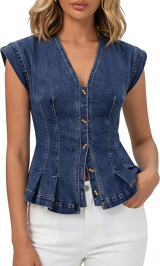Women's Casual Cap Sleeve V Neck Denim Vest Button Down Fitted Pleated Summer Y2k Trendy Jean Tan... | Amazon (US)