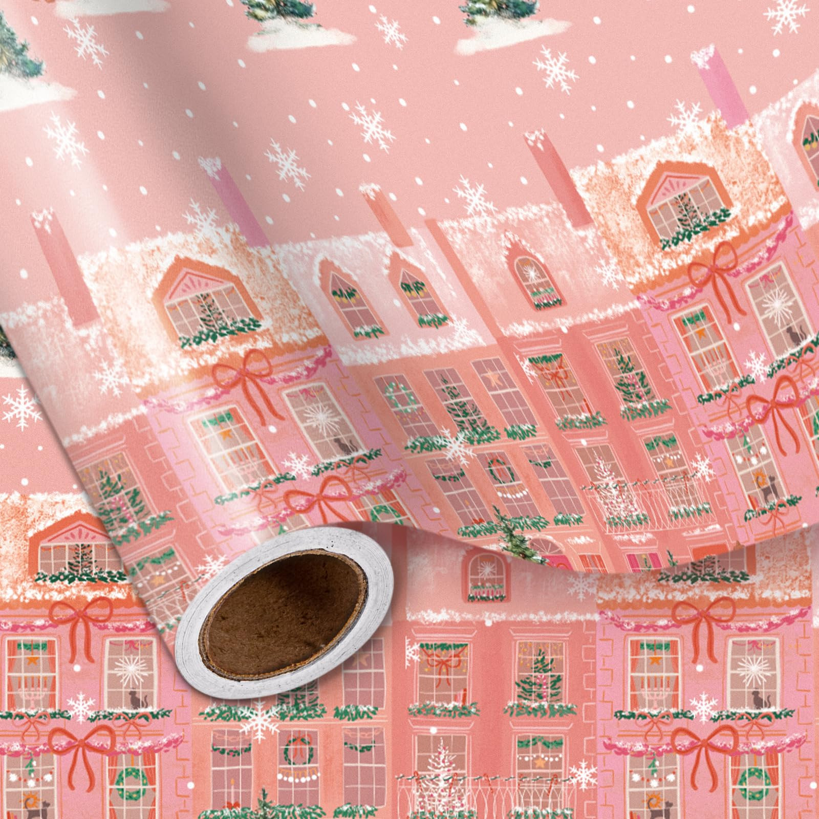 LeZakaa Pink Christmas Wrapping Paper Roll for Girls Kids, Winter Street Scene Romantic Townhouse... | Amazon (US)
