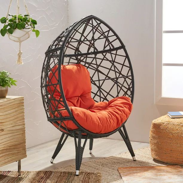 Noble House Damilola Faux Rattan Teardrop Chair with Cushion, Brown and Orange - Walmart.com | Walmart (US)