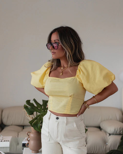 Rylee Cotton Linen Blend Puff Sleeve Top - Yellow | VICI