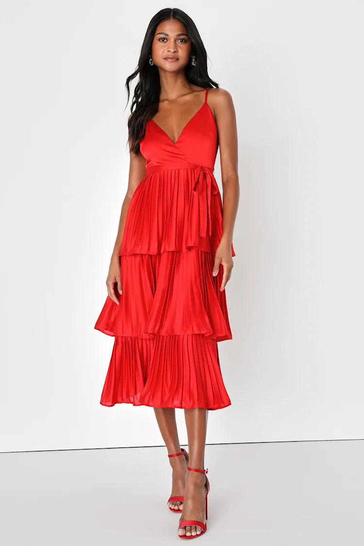 Celebrated Vibe Red Tiered Pleated Midi Dress | Lulus (US)