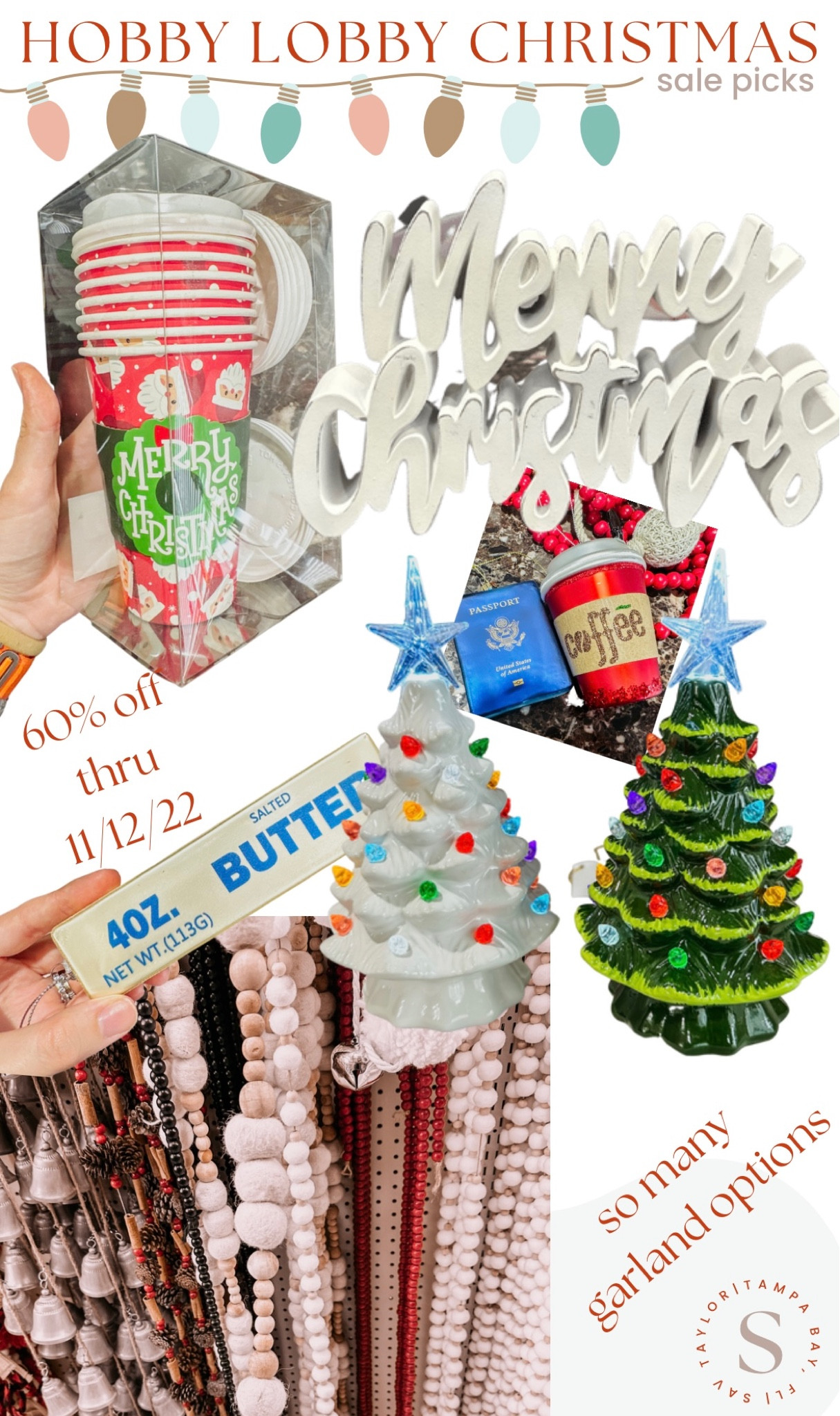 Hobby Lobby Christmas Sale! 60% off all their Christmas items through this Saturday! I can’t believe how good of a deal this is. I saved over $90 and got so many cute things for this years’ decor. We’re taking a big trip next year so I couldn’t pass up the USA passport ornament, or the coffee cup! The stick of butter ornament is a nod to both of my little sisters who likes to steal butter from the fridge growing up. 🤣 
I found these travel coffee cups that came out to roughly $2 for the whole pack! They’ll be perfect for hot chocolate or coffee when we go look at light displays later this year. I’m also going through a phase where I’m obsessed with the vintage style ceramic trees, so I picked up these mini ones for less than $10 each! 
Don’t miss out on this sale, guys! It’s too good. 🤩🎄✨ 

#LTKHoliday #LTKsalealert #LTKSeasonal