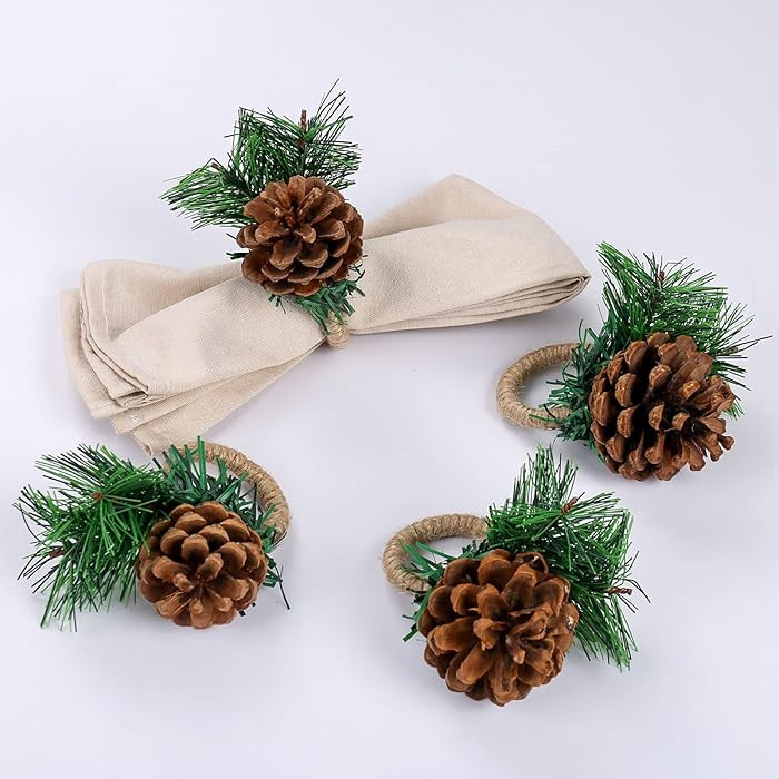 Farmhouse Pine Cone Napkin Rings Set of 4, Rustic Pinecone Napkin Ring Holders, Handmade Serviett... | Amazon (US)
