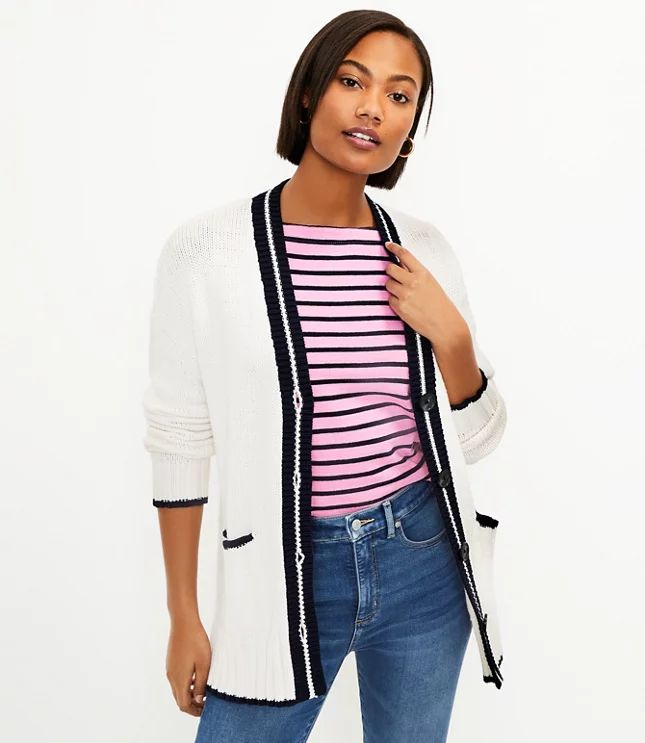 Tipped Relaxed V-Neck Pocket Cardigan | LOFT | LOFT