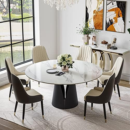 POVISON Modern Round Dining Table, White Sintered Stone Tabletop Dining Room Table for 8, Solid B... | Amazon (US)