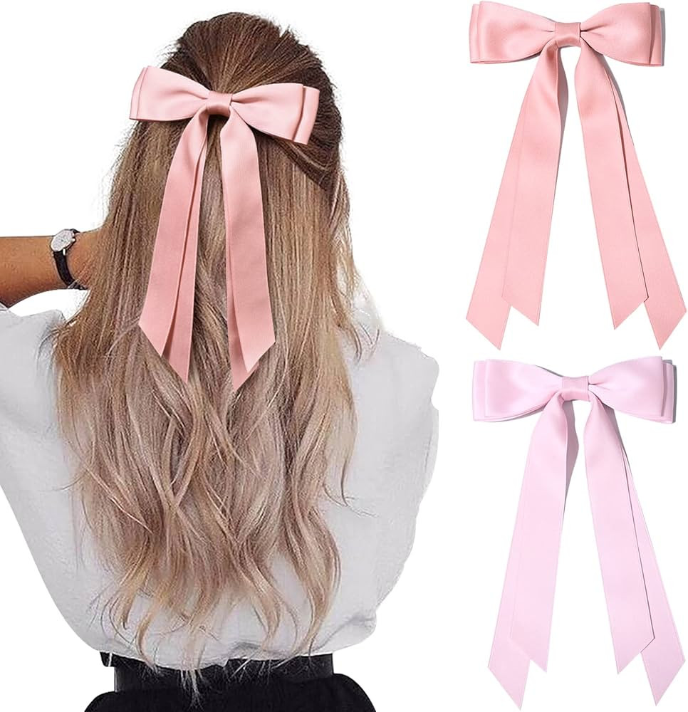 2PCS Silky Satin Hair Bows Hair Clip Pink Hair Ribbon Ponytail Holder Accessories Slides Metal Cl... | Amazon (US)