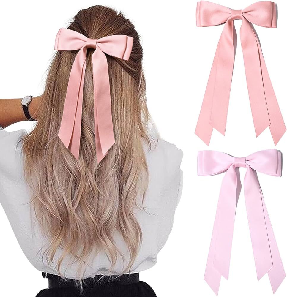 2PCS Silky Satin Hair Bows Hair Clip Pink Hair Ribbon Ponytail Holder Accessories Slides Metal Cl... | Amazon (US)
