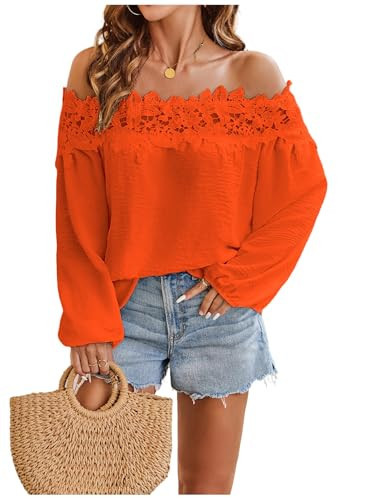 SweatyRocks Women's Off The Shoulder Lace Blouse Long Sleeve Casual Shirts Vacation Tops Orange Medium | Amazon (US)
