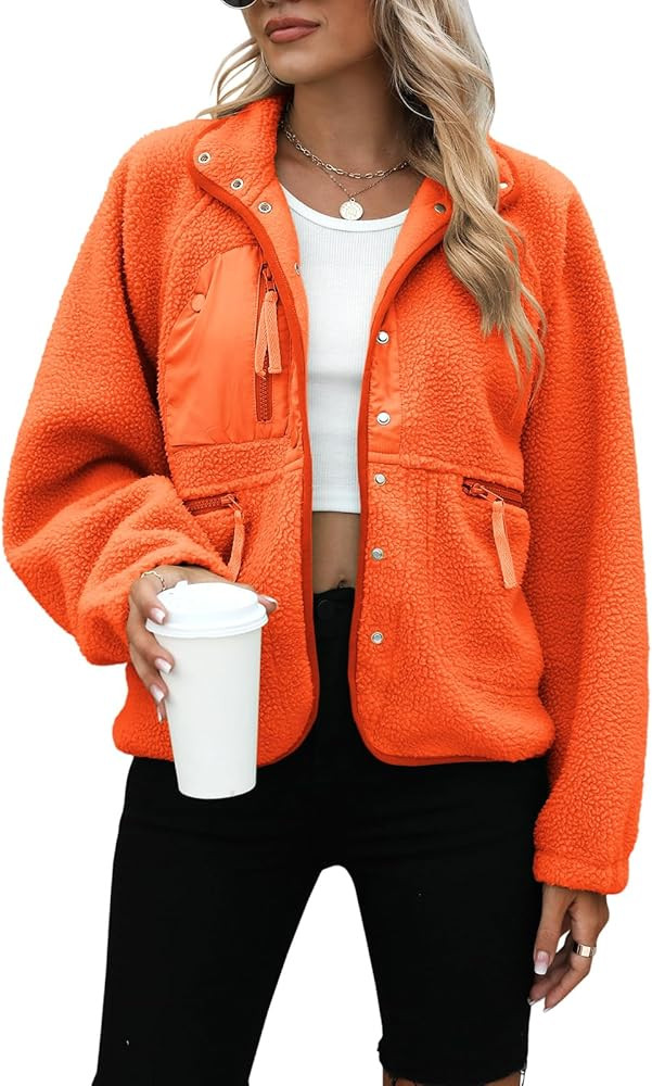 Yanekop Womens Fleece Jacket Fuzzy Long Sleeve Short Coats Button Down Sherpa Outerwear with Pock... | Amazon (US)