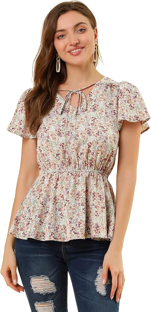 Allegra K Women's Floral Print Smocked Blouse Flutter Sleeves Tie Collar Peplum Top | Amazon (US)