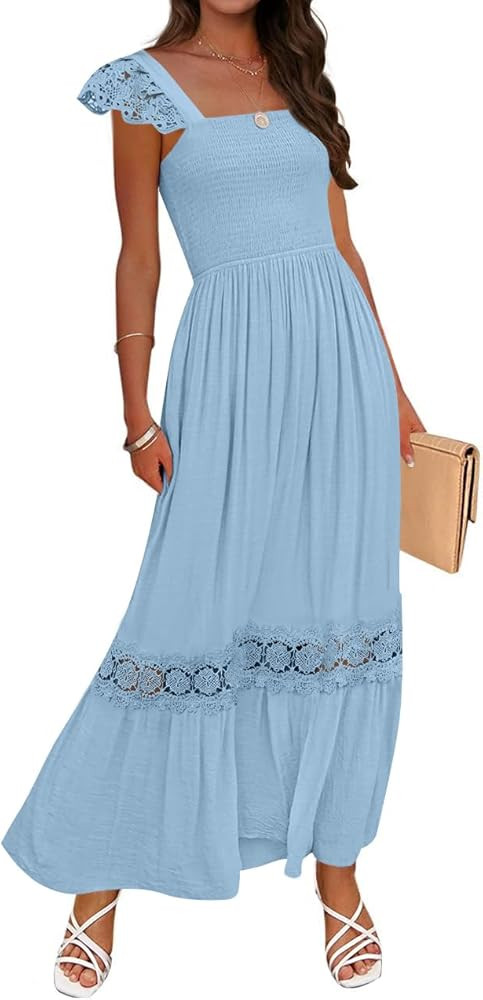 ZESICA Women's 2025 Summer Lace Strap Sleeveless Square Neck Smocked High Waist Ruffle Hollow Out... | Amazon (US)