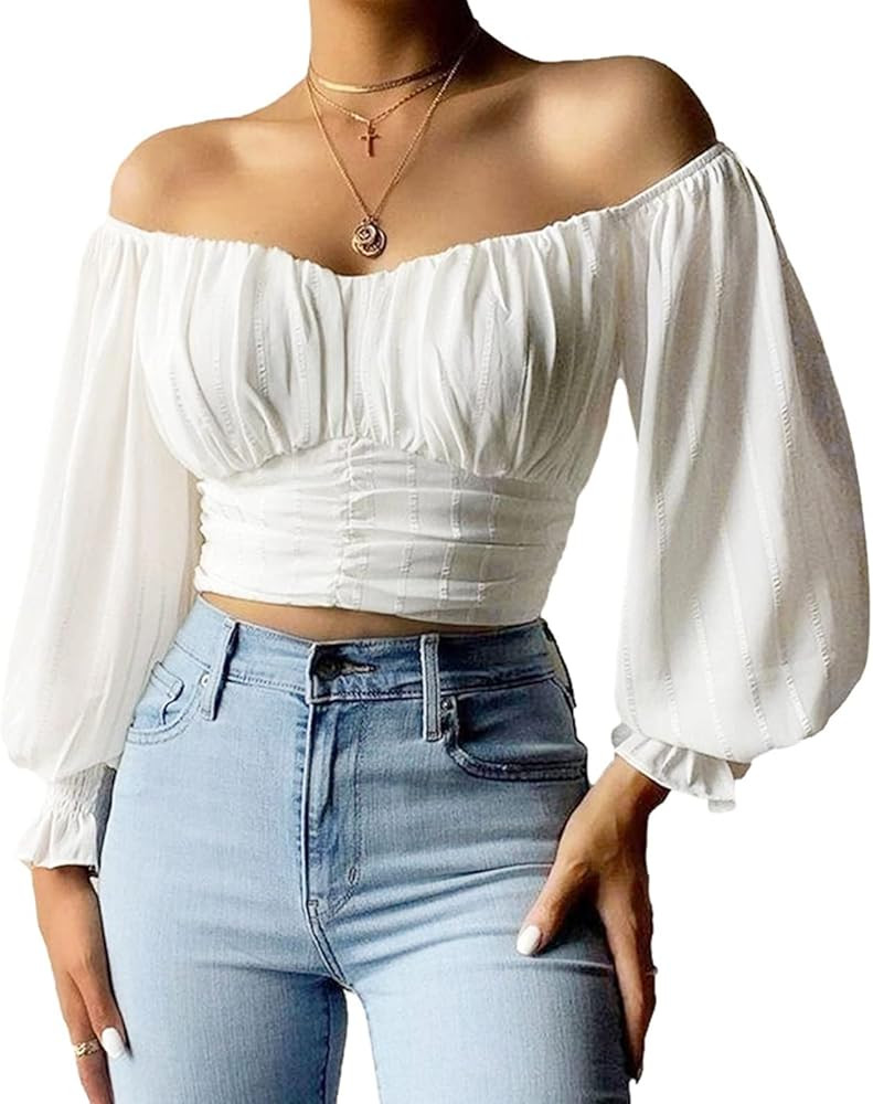 MIRACMODA Woman Off Shoulder Ruched Tie Back Lantern Sleeve Crop Tube Top Chiffon Blouse | Amazon (US)