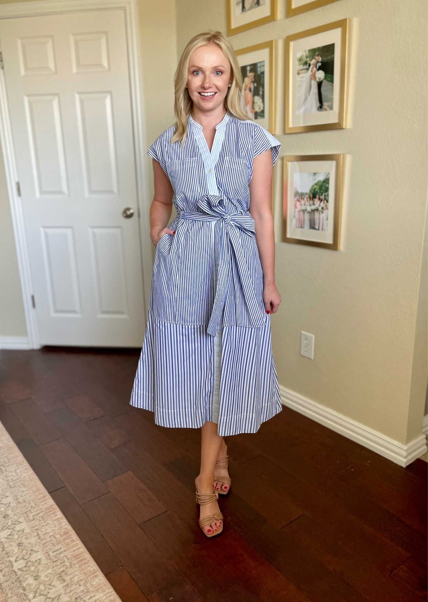 Wearing an XS | midi dress, summer dress, workwear, work dress, teacher dress, blue and white dress, blue and white stripes 

#LTKstyletip #LTKFind #LTKSeasonal