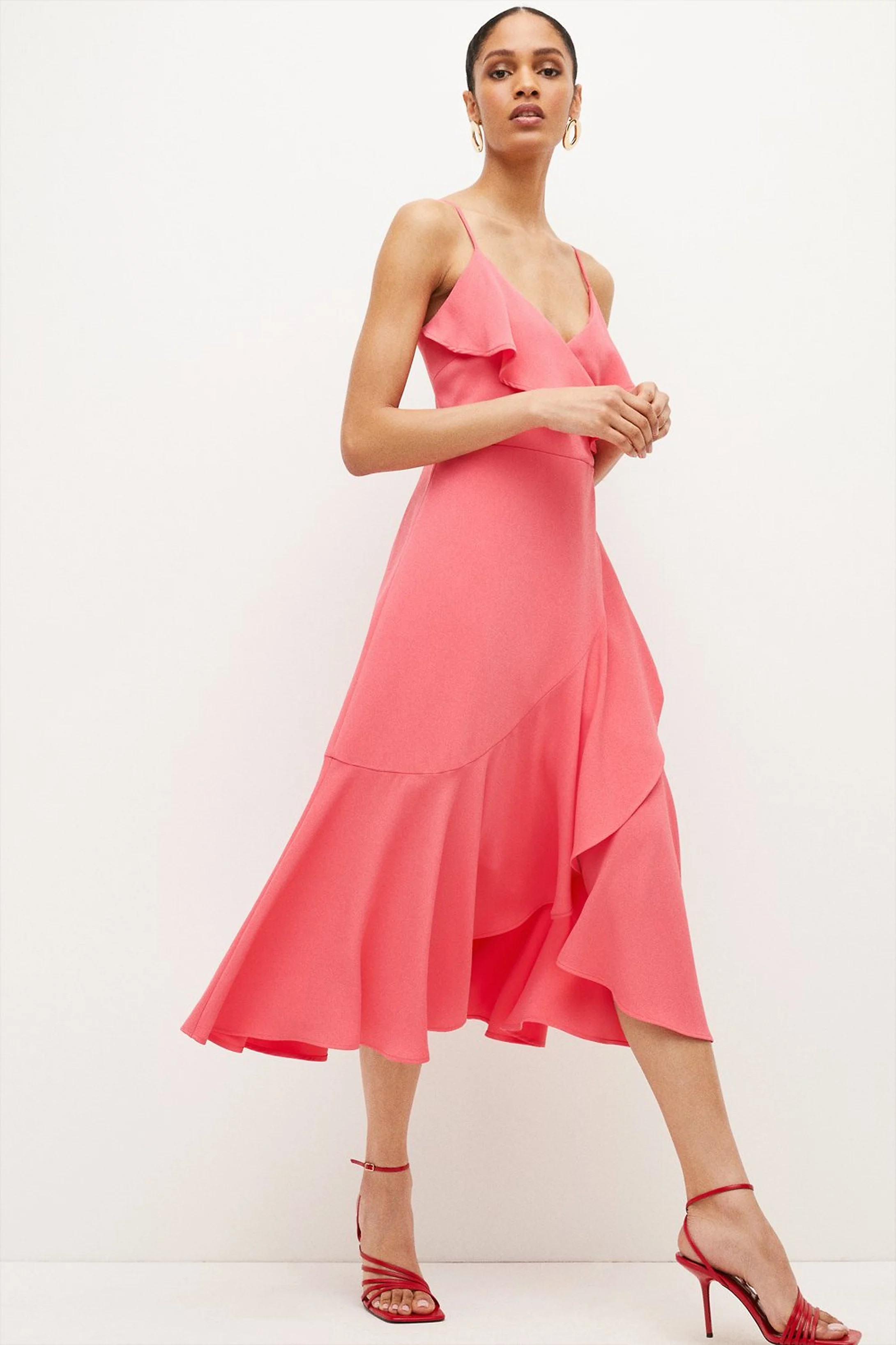 Soft Tailored Cami Ruffle Drape Midi Dress | Karen Millen US