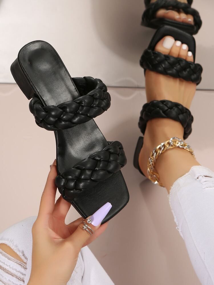 Women Braided Detail Chunky Heeled Mule Sandals, Elegant Black Heeled Sandals | SHEIN