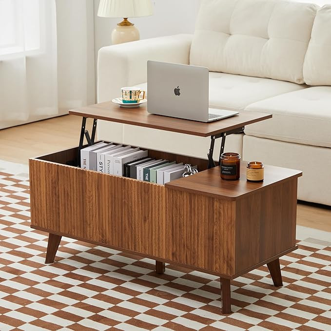 Wooden Fluted Lift Top Coffee Table with Hidden Compartment, Modern Rectangle Center Tables with ... | Amazon (US)