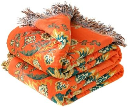 LUTBM Boho Throw Blanket for Bed 60"x80", 100% Cotton Orange Couch Blankets | Amazon (US)