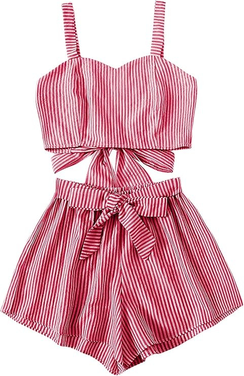 SweatyRocks Women's 2 Piece Outfits Summer Sleeveless Tie Back Crop Cami Top and Shorts Set | Amazon (US)