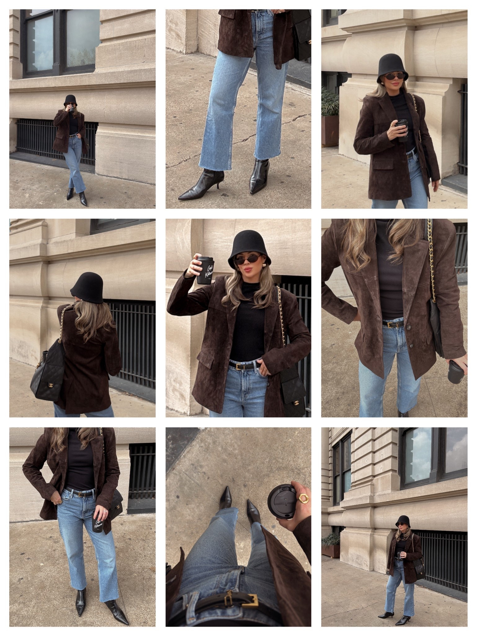 Suede blazer and denim jeans