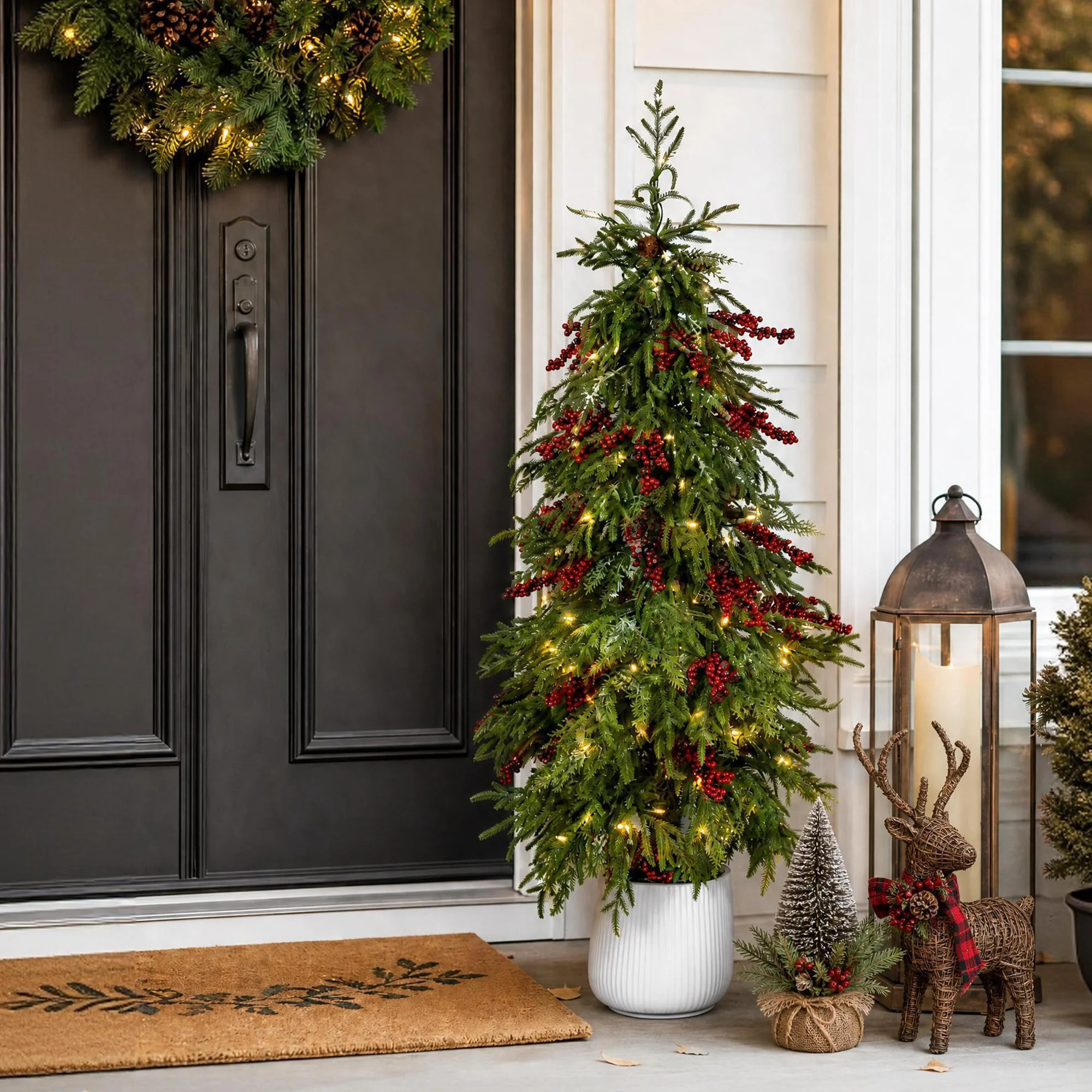 4.5ft Pre-lit Christmas Artificial Norfolk Pine Berry Porch Tree with 100 Warm-white C3 Clear Lights | Wayfair North America