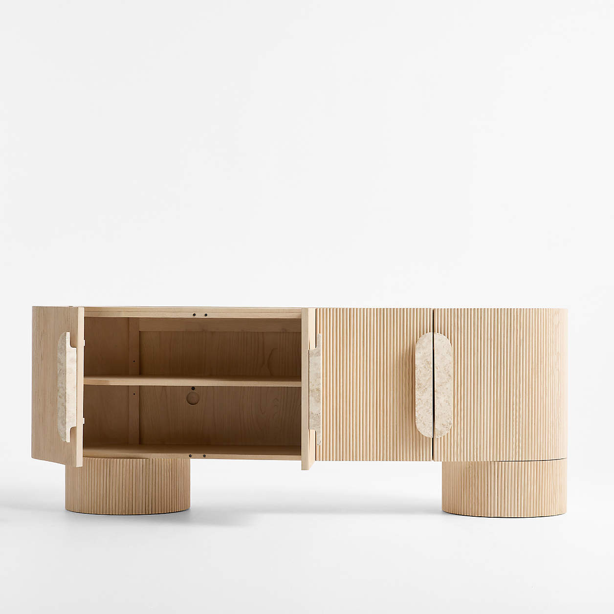 Kahn 75" Ribbed Whitewashed Ash Wood Storage Media Console | Crate & Barrel | Crate & Barrel