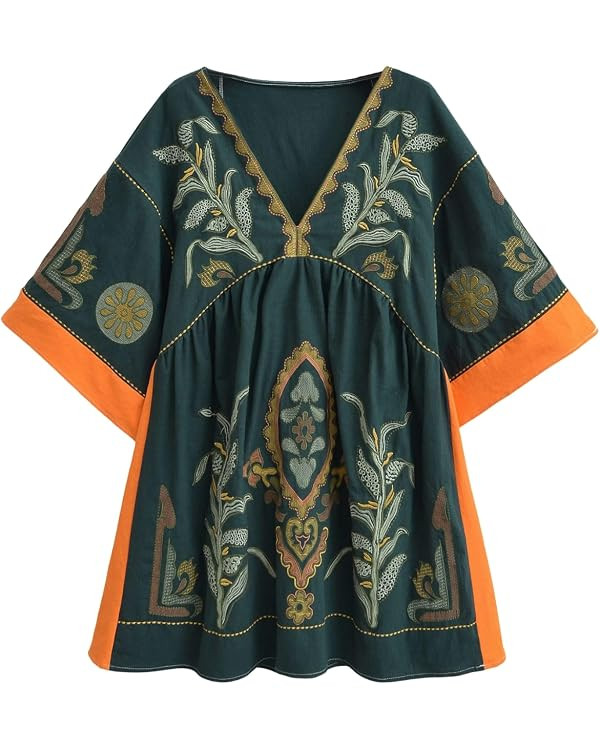 Joiemont Womens Oversized Embroidered Dress with V-Neck and 3/4 Sleeves Vintage Embroidery Babydo... | Amazon (US)
