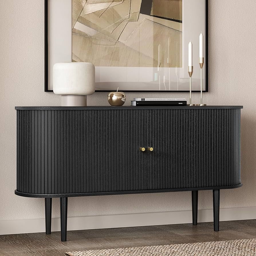 WERMO 55'' Black Sideboard Storage Cabinet with Doors and Shelves - Black Credenza Storage Cabine... | Amazon (US)