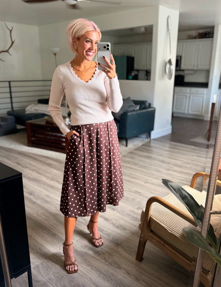 Loving this polka dot skirt! Pair it with a cozy sweater for a cute fall look. Skirt: Medium // Sweater: Small // Shoes: TTS 

 #LTKootd #LTKSaleAlert