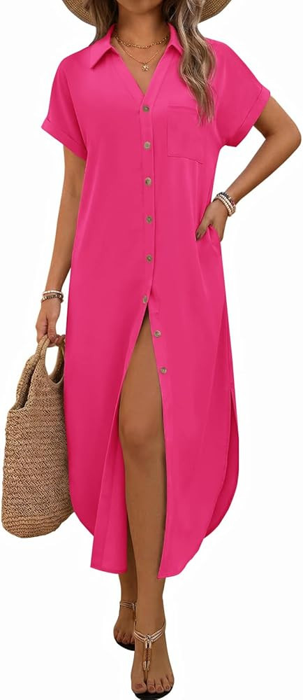 Yousify Summer Dresses for Women 2026 Casual Short Sleeve Button Down Maxi Dress Beach Cover Ups ... | Amazon (US)