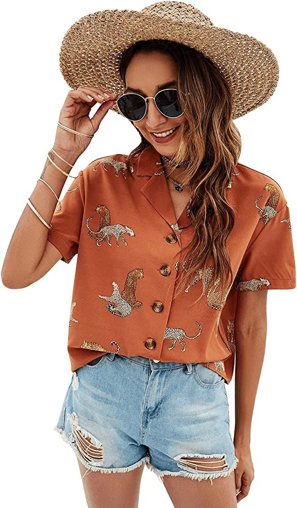 SweatyRocks Women's Short Sleeve Cute Print Button Down Shirt Tops | Amazon (US)