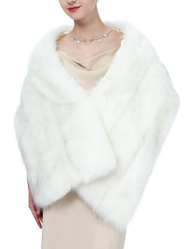 LA CARRIE Women Wedding Faux Fur Long Shawl Bridal Cape Party Stole Winter Scarf Soft Cover Up Shrug Gown Wrap(White with Black Tips) | Amazon (US)