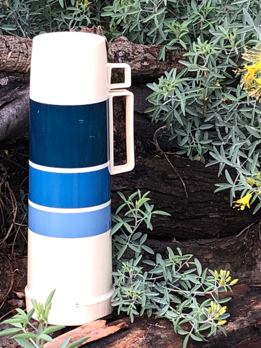 Tall vintage three piece Thermos blues and white plastic with handle and cup straw lid 1980’s | Etsy (US)