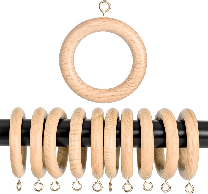 Anillos de cortina de madera de haya natural hechos a mano con ganchos, 2.5 pulgadas de exterior,... | Amazon (US)